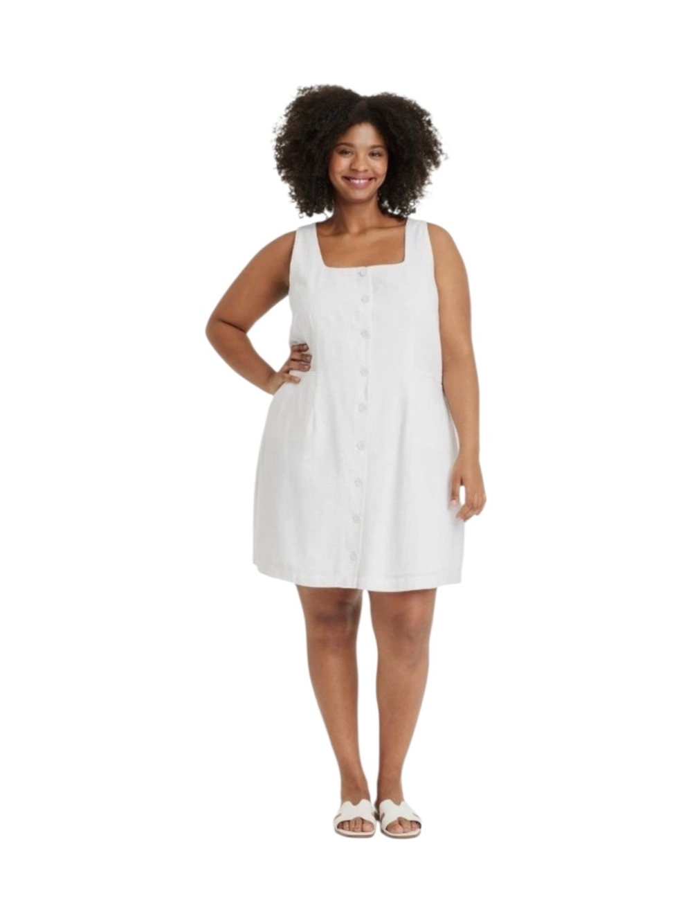Sleeveless Linen Blend Button-Front White Sundress 1X